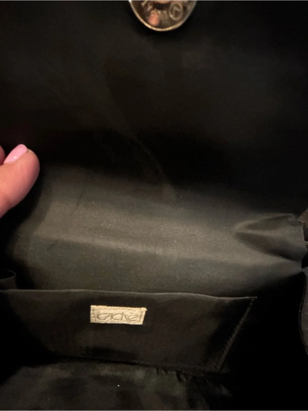 Cache Black Satin Evening Clutch with Crystal Sunburst